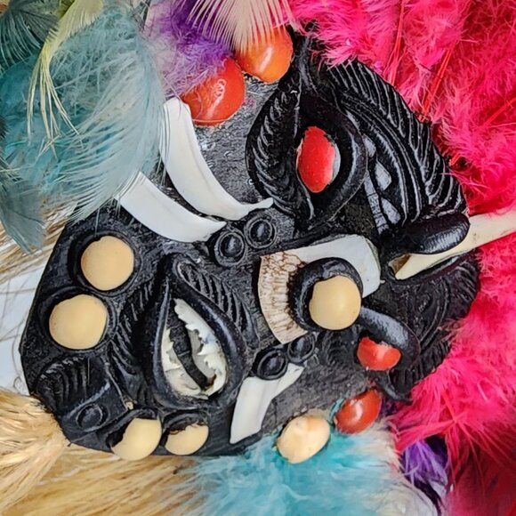 Handmade Tribal Brazil Mask With Colorful Feathers & Natural Fiber Tassels - Picture 2 of 8